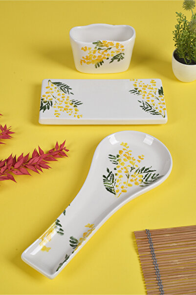 Piatti Naturali طقم مطبخ مكون من 3 قطع من ميموزا يشمل حامل أدوات المائدة المت...