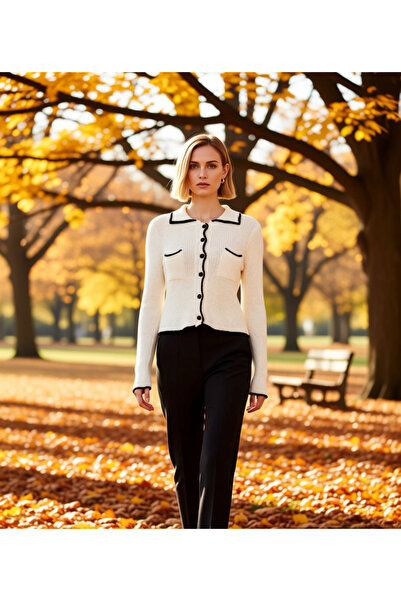 BENERLY Women's Knitwear Cardigan Polo Neck Contrast Striped Detail Long Slee...