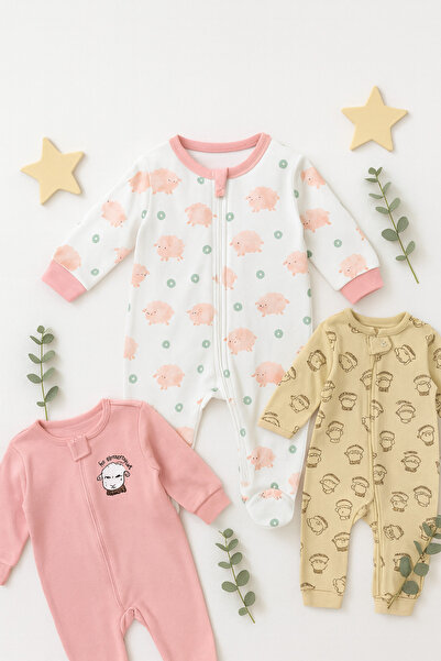 AKİ MODA KİDS Koz Baby Sleeping Bag 3-Pack Daily Cotton Zipper Without Booties