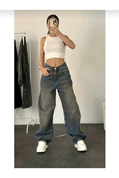 TRENDNATUREL Pantaloni largi, casual, cu detaliu cu cataramă, albastru talie înaltă