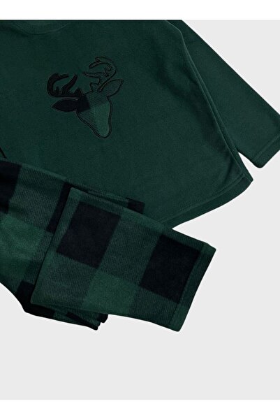 ALİŞ KİDS Boys-Girls Cotton Fleece Fabric Green Christmas Deer Pattern Winter Pajama Set with Sleep Band