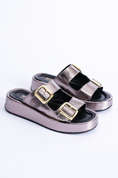 Polomia Comfort Calie Women's Anatomical Comfort Two-Strap Gold Detail Buckle Flexible Summer Daily Flat Sandals Slippers