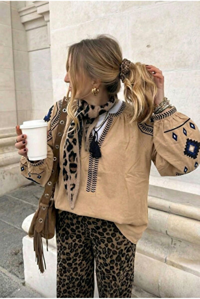 FEMELLE Women's Beige Tassel Collar Embroidered Cotton Blouse