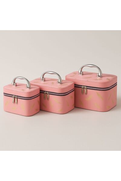 OEM Set of 3 pink cosmetic boxes with mirror, pink interior, premium design