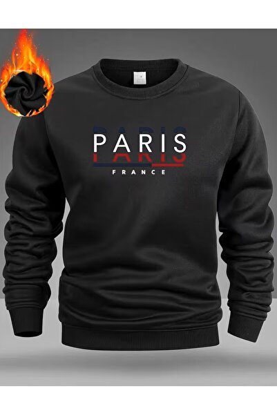 MODA TRENDGREY>Erkek siyah paris baskılı bisikle yaka sweathişirt