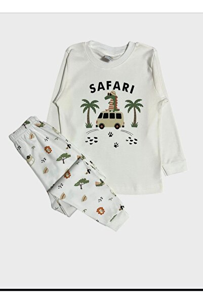 ALİŞ KİDS Boy's 100% Cotton Fabric Ecru Color Safari Patterned Long Sleeve Pajama Set