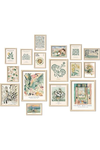 ALAYRA International مجموعة من 16 قطعة من لوحات الحائط الفنية بوهو ماتيس - ملصقات تجريدية باللون الأخضر المريمية لجدران المعرض