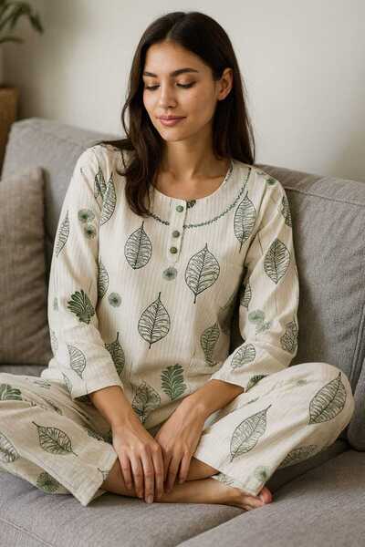 Tenra Women's Pajama Set 100% Cotton Report Fabric