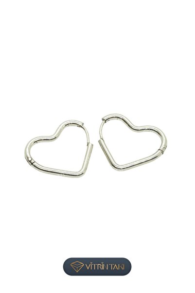 Çelik Kalp Figürlü Gümüş Renk Küpe