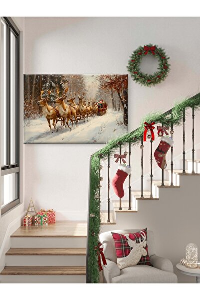 ESLEM KARLI ORMANDA GEYİK KIZAK VE NOEL BABA YILBAŞI MANZARASI DEKORU – BASKI...