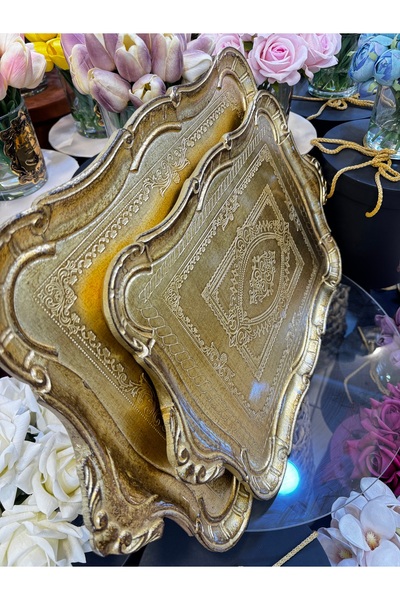 LM ESTERHOMEDECOR 2’li Orijinal İtalyan Gül ağacı tepsi antik gold