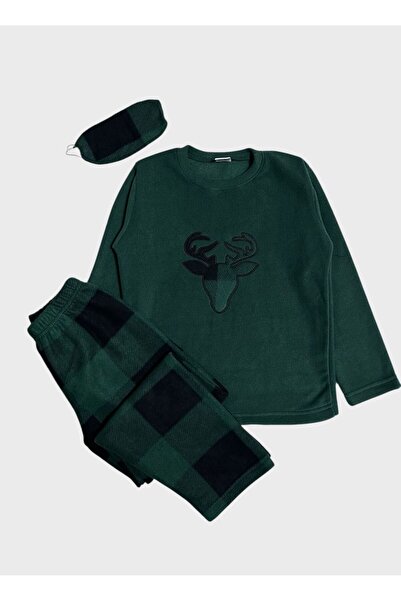 ALİŞ KİDS Boys-Girls Cotton Fleece Fabric Green Christmas Deer Pattern Winter Pajama Set with Sleep Band