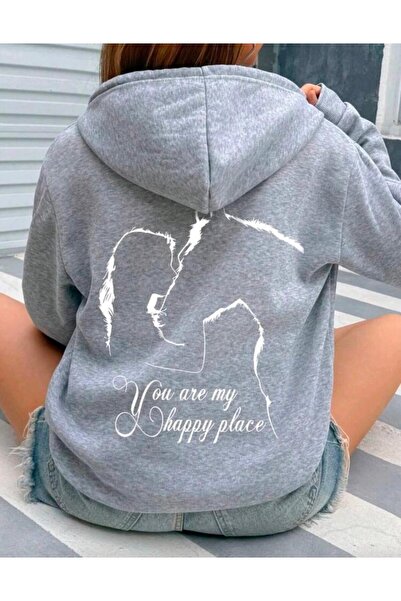 Elvino You Are My Happy Place Printed Women/Men Unisex Oversized Hooded 3-Thread Sweatshirt