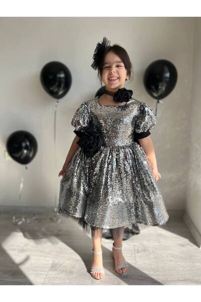 Sare Çocuk Giyim Ασημένια παγιέτα με μεγάλο φιόγκο με λεπτομέρειες αστραφτερό βραδινό φόρεμα + αγκράφα + κολάρο