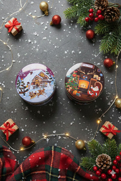 shop Yılbaşı Temalı 2'li Metal Hediye Kutusu Seti - Noel Desenli İkili Mum Ka...