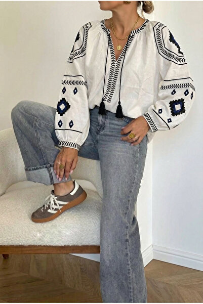 FEMELLE Жіноча біла сорочка з бавовняної тканини з вишивкою та бахромою