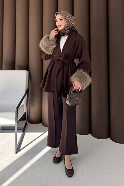 Melike Tatar Sleeved Fur Scuba Suit Brown 3725