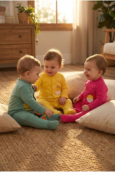 Noone 3-Piece Advantage Pack: Cotton Baby Romper Set with Cute Chick Pattern, Booties, and Full-Length Snap Fasteners