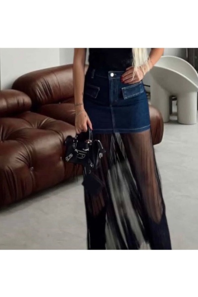 OEM Kadın Denim Mini Etek Üstü Tül Uzun Etek – Çift Kat Tasarım