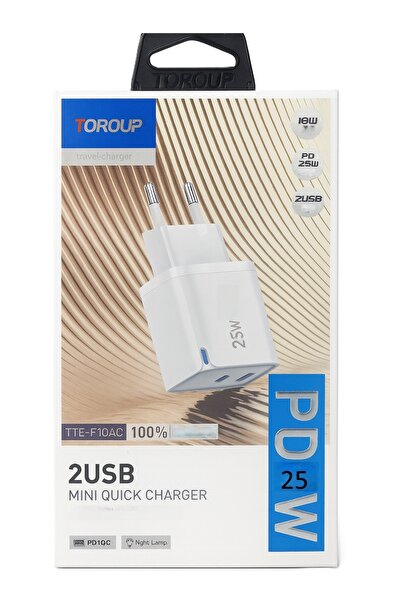 Toroup Dual PD 25W charger, 2 output channels: USB-A and USB Type C
