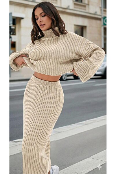 TOFİX textile Triko 2Li Takım Skirt Sweater Boğazlı Fitili
