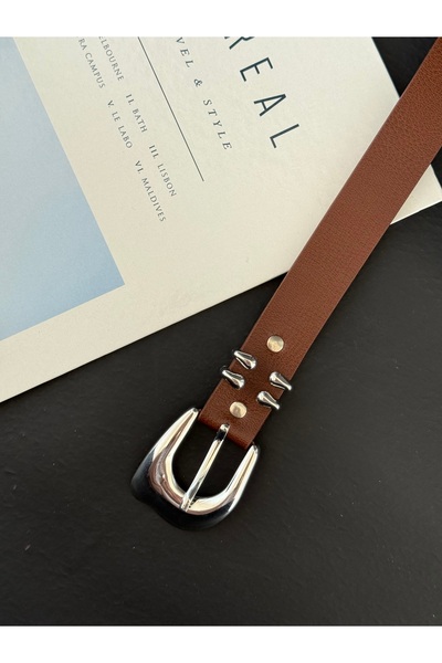 TABA BUTİK Women's Leather Belt with Metal Bridge Detail