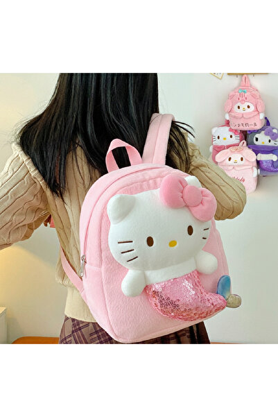 Livava Hello Kitty Mini Peluş Çanta Kız Çocuk Fermuarlı Ayarlanabilir Askılı Sırt Çantası, 32x26 cm