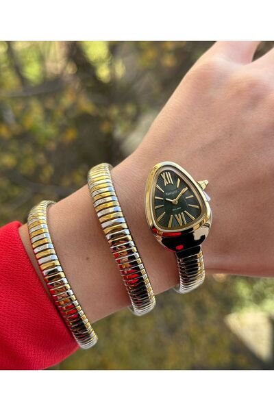 Ferrucci Women's Snake Watch, in Gift Box, Steel Band, Yellow-Silver Green Color, with Bracelet Gift