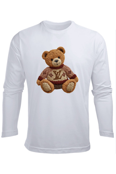 Efendioğlu Design Bear Dressed in a Long-Sleeved Embroidery Look Sweater Printed Cotton Children's T-Shirt