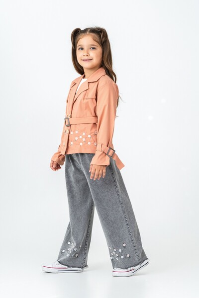 CLOUDY WEAR&DESİGN Girl's Embroidered Detailed Pink Trench Coat & Floral Jeans & T-Shirt 3-Piece Set
