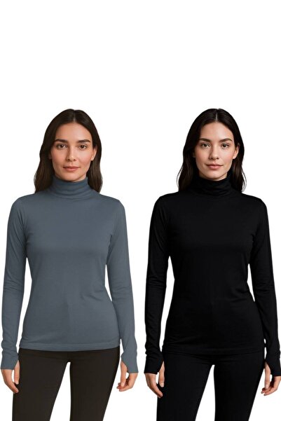 ALDAIYR 2 Дамски боди с дълъг ръкав, обло деколте и пръсти от ликра