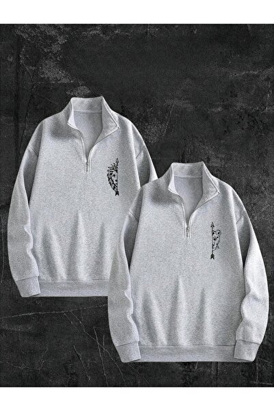 Elvino Lion Couples Printed 3 Thread Half Zipper D Mock Neck Valentine's Day Special Double Couple Sweatshirt