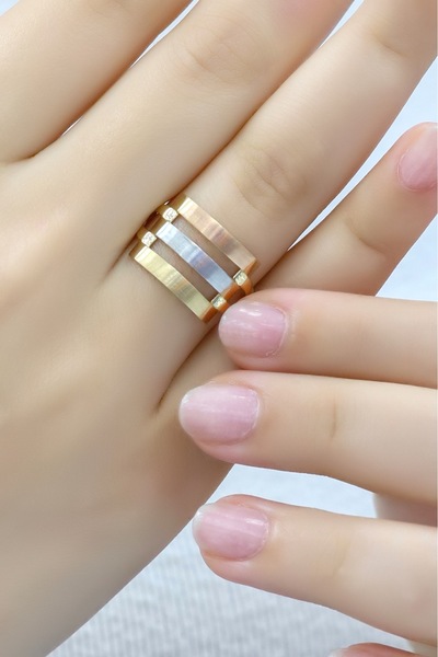 aytekgold 14 Ayar Üç Renkli Üçlü Kaburga Yüzük