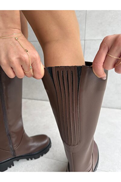 Elvinin Tarzı Seti Acı Brown Zippered Boots with Hidden Rubber Detail