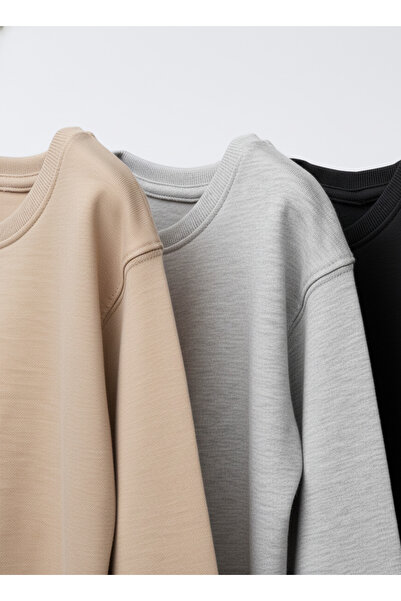 Magu Unisex Children's Cotton 3-Piece Long Sleeve T-Shirt Set – Beige, Gray Melange, Black