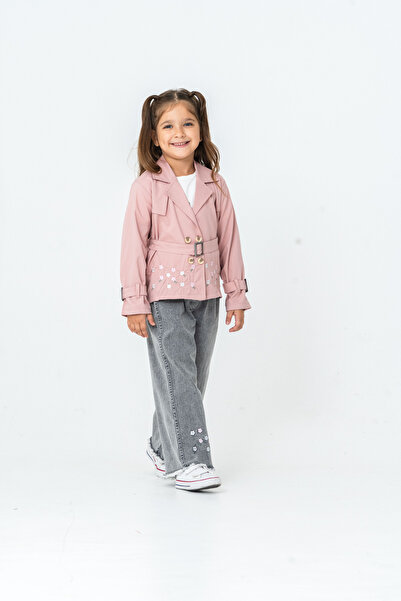 CLOUDY WEAR&DESİGN Girl's Embroidered Detailed Pink Trench Coat & Floral Jeans & T-Shirt 3-Piece Set
