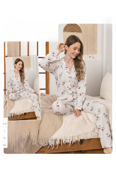 İpek Women's Long Sleeve Front Button Rabbit Pattern Pajama Set