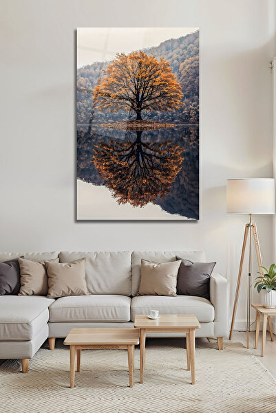 B&G DESIGN Pictură simetrică pe sticlă cu arbore de toamnă |   Peisaj de lac ...