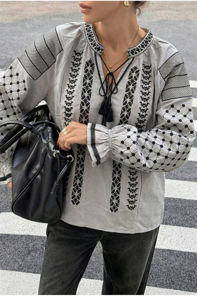 FEMELLE Women's Gray Tassel Collar Cotton Blouse with Gathered Ankles and Embroidered Detail