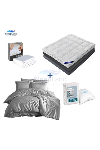 SLEEPLAND Hotel-style mattress topper set, 14 cm high, with mattress protector, pillow protector set, and hotel-style bedspread, gray color.