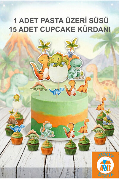 Atölye Doruk Dinazorlar Doğum Günü Pasta Seti Dinazor Cupcake Kürdanı-Dinozor Kürdanlı Pasta Süsü