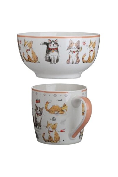OEM Set ceramic: cană albă cu model pisică și bol asortat, 340 ml și 480 ml, 13x13x14 cm