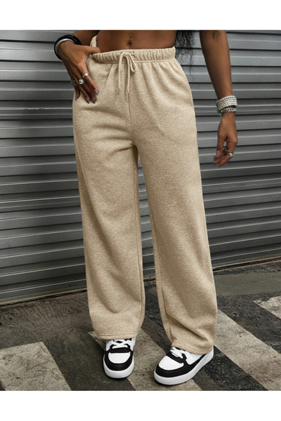 SLAW REZZ Women's Black Sweatpants High Waist Winter Fleece-Lined Stitched Hem Wide Leg Sweatpants