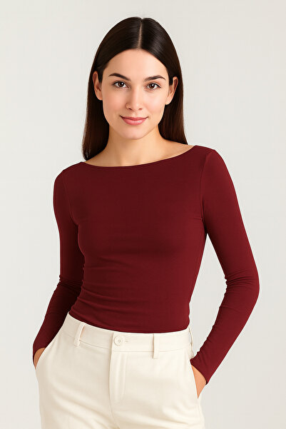 RABTEKS Women's Burgundy Ultra Soft Boat Neck Long Sleeve Blouse