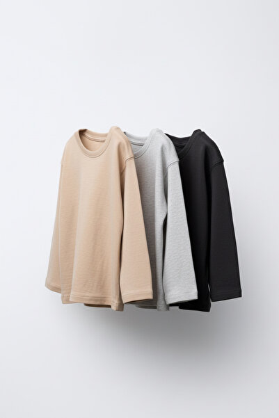 Magu Unisex Children's Cotton 3-Piece Long Sleeve T-Shirt Set – Beige, Gray Melange, Black