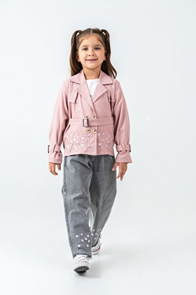 CLOUDY WEAR&DESİGN Girl's Embroidered Detailed Pink Trench Coat & Floral Jeans & T-Shirt 3-Piece Set
