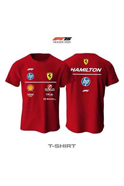 YOHO SPORT Kırmızı Tişört Hamilton ön ve arka baskılı %100 pamuk Scuderi-a F-1 takım Unisex T-shirt
