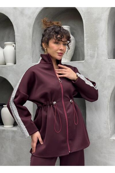 Cardella Simli Striped Detail Premium Scuba Fabric Hijab Compatible Two-Piece Set with Pants