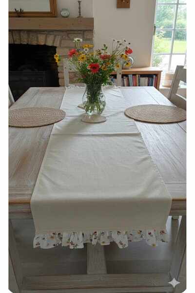 LUMIA ÇEYİZ FIRFIRLI ÇİÇEK DANTEL DETAYLI KETEN RUNNER 40X120