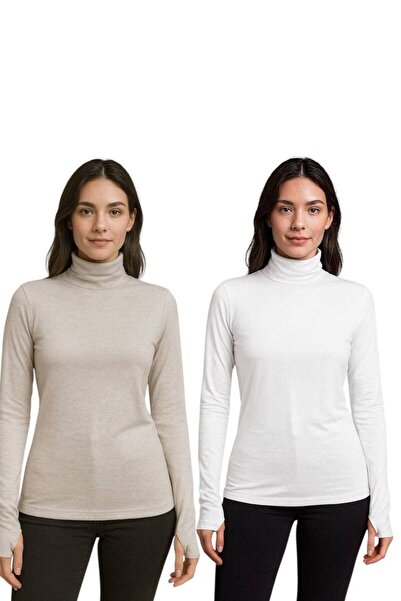 ALDAIYR 2 Дамски боди с дълъг ръкав, обло деколте и пръсти от ликра